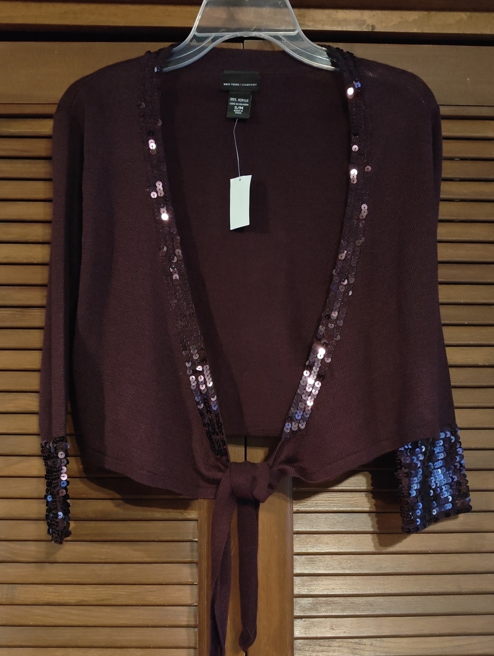 NWT New York & Company Plum Sequin-Trim Tie-Front Cardigan
